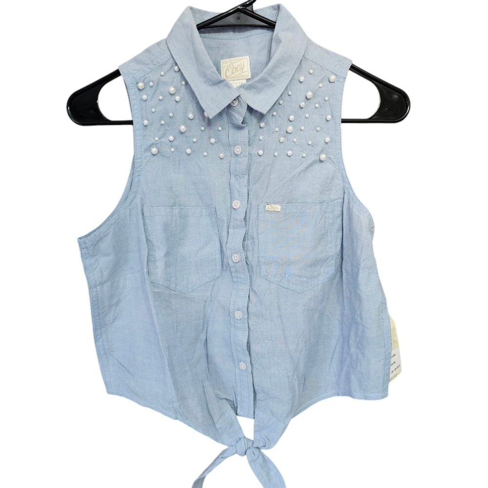 Obey Women's Small Tie Button Down Tank Top Denim Blue Beaded Nwt